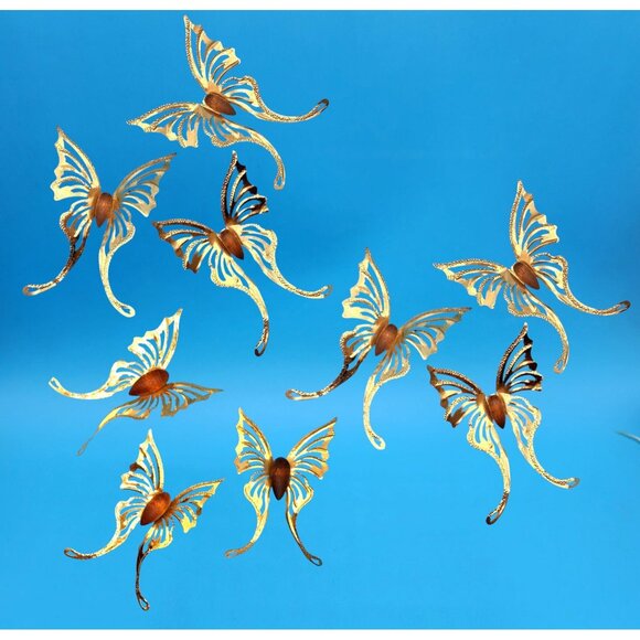 Vintage 1960s Brass & Teak Butterfly Wall Art Set of 9 MCM Danish Modern Decor - Picture 2 of 8